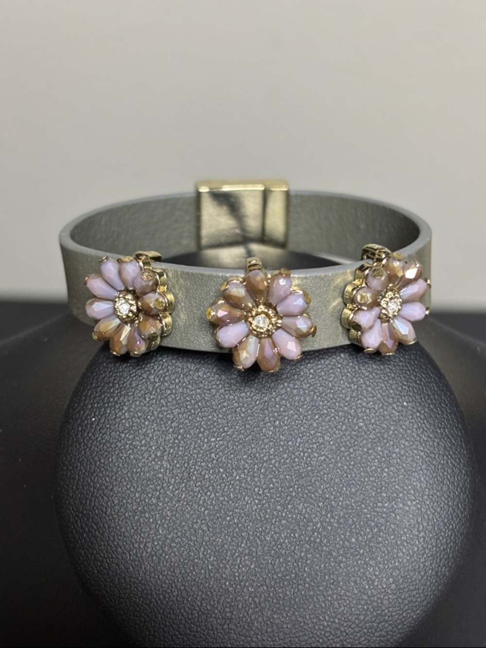 Gray Leather Purple Floral Slider Magnetic Closure Bracelet Feminine Boho